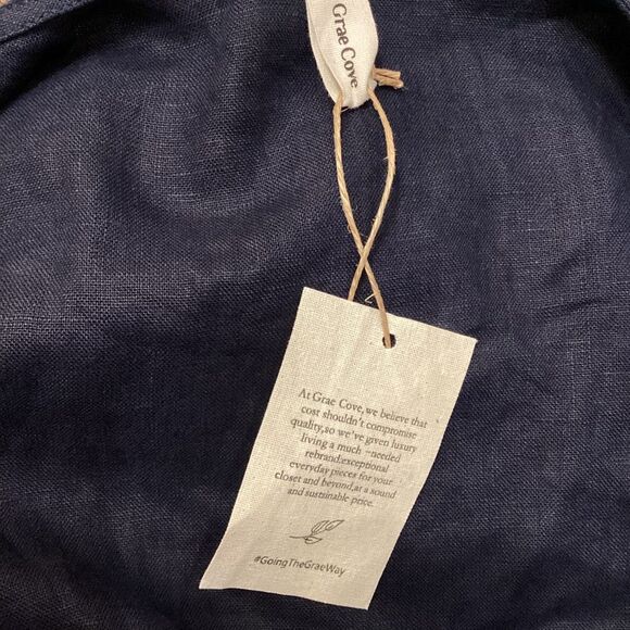 NWT Grae Cove 100% Linen Navy Blue Front Pocket Wrap Belted Midi Dress Large - Picture 15 of 15